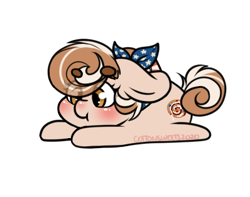 Size: 398x314 | Tagged: safe, artist:cottonsweets, part of a set, oc, oc only, oc:cinnamon spangled, earth pony, pony, bandana, blushing, chibi, cute, female, lying down, mare, ocbetes, prone, simple background, smol, solo, transparent background, ych result