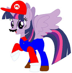 Size: 440x450 | Tagged: safe, artist:hubfanlover678, artist:selenaede, twilight sparkle, alicorn, pony, g4, barely pony related, base used, cap, clothes, crossover, gloves, hat, long sleeved shirt, long sleeves, mario, mario's hat, nintendo, overalls, shirt, shoes, super mario bros., twilight sparkle (alicorn), undershirt