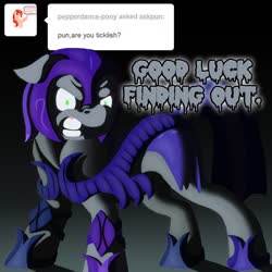 Size: 800x800 | Tagged: safe, artist:crispokefan, oc, oc only, oc:pun, earth pony, pony, ask pun, agent 707, angry, armor, ask, ears back, female, glare, gradient background, gritted teeth, mare, night guard armor, solo