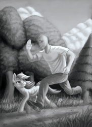 Size: 1200x1650 | Tagged: safe, artist:sa1ntmax, rainbow dash, oc, oc:anon, human, pony, fanfic:dash tries to win your heart, g4, commission, fanfic art, grayscale, monochrome, running, tree