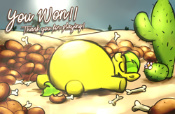 Size: 3840x2500 | Tagged: safe, artist:bitassembly, artist:sugar morning, oc, oc only, oc:lemon drop, earth pony, pony, belly, bite mark, bone, cactus, desert, drumstick, end game, eyes closed, fat, food, game screencap, game:fat fat horse, high res, immobile, impossibly large belly, meat, moonlight, night, obese, on back, ponies eating meat, round belly, sleeping, smiling, solo, stuffed, text