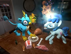 Size: 1024x768 | Tagged: safe, artist:horsesplease, gallus, party favor, pony, unicorn, g4, 2020, 3d, dinner, doggie favor, food, gallus the rooster, gmod, happy new year, holiday, labradoodle, meat