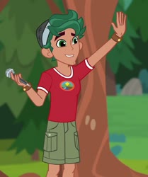 Size: 905x1080 | Tagged: safe, screencap, timber spruce, human, equestria girls, g4, my little pony equestria girls: legend of everfree, camp everfree logo, camp everfree outfits, clothes, cropped, legs, male, microphone, shorts, solo