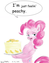 Size: 1024x1304 | Tagged: safe, artist:rockhoppr3, pinkie pie, earth pony, pony, g4, cake, female, food, fruit, peach, peach cake, solo