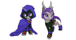 Size: 1000x531 | Tagged: safe, artist:house-of-tykayl, part of a set, bat pony, bat pony unicorn, hybrid, pony, unicorn, cape, clothes, costume, crossover, female, horn, mare, ponified, raven (dc comics), simple background, slit pupils, solo, species swap, teen titans, white background