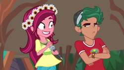 Size: 1920x1080 | Tagged: safe, screencap, gloriosa daisy, timber spruce, equestria girls, g4, my little pony equestria girls: legend of everfree, camp everfree outfits, crossed arms, female, flower, flower in hair, forced smile, male, smiling, timber spruce is not amused, unamused
