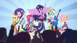 Size: 1280x720 | Tagged: safe, applejack, fluttershy, pinkie pie, rainbow dash, rarity, sunset shimmer, twilight sparkle, alicorn, equestria girls, g4, my little pony equestria girls: rainbow rocks, shake your tail, bass guitar, drums, electric guitar, guitar, keyboard, microphone, multicolored hair, musical instrument, ponied up, rainbow hair, singing, tambourine, the rainbooms, twilight sparkle (alicorn), wings