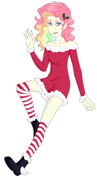 Size: 1063x1954 | Tagged: safe, artist:sychia, oc, oc only, oc:cheery candy, human, boots, clothes, dress, female, freckles, holly, holly mistaken for mistletoe, humanized, humanized oc, multicolored hair, open mouth, rainbow hair, shoes, simple background, socks, solo, striped socks, thigh highs, transparent background, wave