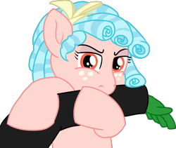 Size: 3694x3111 | Tagged: safe, artist:poniidesu, cozy glow, oc, oc:anon, pegasus, pony, g4, blue mane, bow, cozy glow is not amused, cozybetes, curly mane, cute, eyebrows, foal, freckles, high res, nom, orange eyes, ponified, ponified animal photo, simple background, transparent background