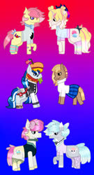 Size: 2032x3776 | Tagged: safe, artist:lightningbolt39, oc, oc only, oc:balmoral, oc:patty (ice1517), oc:puffy frosting, oc:shiny apple (ice1517), oc:soda frosting, oc:strawberry swirls (ice1517), earth pony, pony, unicorn, american flag, bag, bandaid, blouse, bowtie, burger, clothes, clothes swap, converse, cowboy hat, female, flag, food, freckles, hat, high res, jersey, leg warmers, lesbian, mare, markings, nose piercing, nose ring, oc x oc, open mouth, piercing, plaid skirt, pleated skirt, rainbow socks, shipping, shirt, shoes, skirt, socks, soda, striped socks, sweater, t-shirt, tail wrap, vest