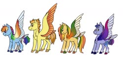 Size: 1280x596 | Tagged: safe, artist:phobicalbino, rainbow dash, spitfire, oc, oc:sparkfire, oc:thunder tantrum, pegasus, pony, g4, colored wings, family, female, group, lesbian, magical lesbian spawn, male, mare, multicolored wings, next generation, offspring, parent:rainbow dash, parent:spitfire, parents:spitdash, quartet, ship:spitdash, shipping, simple background, spread wings, transgender, white background, wings