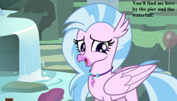Size: 1764x1008 | Tagged: safe, edit, edited screencap, editor:korora, screencap, silverstream, g4, student counsel, cropped, cute, diastreamies, jewelry, maud's cave, necklace, speech, waterfall