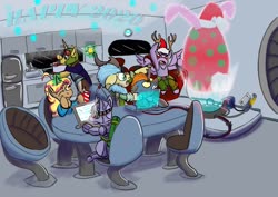 Size: 1920x1358 | Tagged: safe, artist:lizardwithhat, earth pony, kirin, pegasus, pony, robot, robot pony, unicorn, amused, angry, computer, cooking, futuristic, gamecube, hologram, new year, new years eve, shocked, spaceship