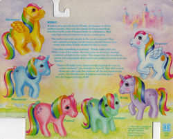 Size: 946x759 | Tagged: safe, photographer:breyer600, moonstone, parasol (g1), skydancer, starshine, sunlight (g1), windy (g1), g1, official, backcard, blushing, bow, rainbow ponies, story, tail bow