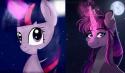 Size: 1280x749 | Tagged: safe, artist:wanderingpegasus, twilight sparkle, pony, g4, art evolution, comparison, curved horn, female, glowing horn, horn, magic, moon, night, redraw, solo
