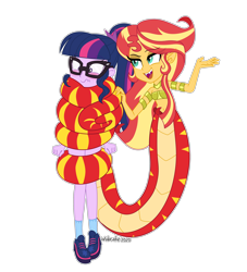 Size: 3000x3300 | Tagged: dead source, safe, artist:wubcakeva, sci-twi, sunset shimmer, twilight sparkle, lamia, monster girl, equestria girls, armlet, bandeau, belly button, blushing, coils, constriction, elf ears, fangs, female, glasses, high res, jewelry, lamiafied, lesbian, long hair, midriff, necklace, open mouth, scitwishimmer, shipping, simple background, slit pupils, smiling, species swap, sunset slither, sunsetsparkle, transparent background, wrapped, ych example, your character here