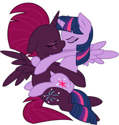 Size: 6613x6950 | Tagged: safe, alternate version, artist:ejlightning007arts, artist:lullabyprince, tempest shadow, twilight sparkle, alicorn, pony, g4, alicornified, base used, cutie mark, duo, eye scar, eyes closed, female, fireworks, horn, kiss on the lips, kissing, lesbian, mare, race swap, scar, ship:tempestlight, shipping, simple background, sitting, tempest gets her horn back, tempesticorn, transparent background, twilight sparkle (alicorn), vector, wings