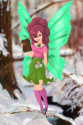 Size: 399x600 | Tagged: safe, artist:azaleasdolls, artist:user15432, minty, fairy, human, equestria girls, g3, g4, barely eqg related, book, clothes, crossover, disney, disney style, dolldivine, fairy wings, fairyized, g3 to equestria girls, generation leap, green wings, jewelry, necklace, pixie scene maker, shoes, solo, sparkly wings, wings