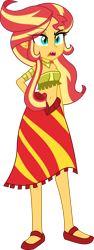 Size: 1718x4573 | Tagged: dead source, safe, artist:wubcakeva, sunset shimmer, lamia, monster girl, original species, equestria girls, armlet, bandeau, belly button, clothes, dress, elf ears, fangs, female, high res, human form, implied transformation, jewelry, lamiafied, long hair, midriff, necklace, open mouth, sandals, simple background, skirt, slit pupils, solo, species swap, sunset slither, transparent background