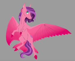 Size: 871x704 | Tagged: safe, artist:phobicalbino, oc, oc only, oc:sing-a-long, pegasus, pony, cheek feathers, dewclaw, female, gray background, mare, simple background, solo, spread wings, tail feathers, wings