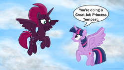 Size: 3840x2160 | Tagged: safe, artist:ejlightning007arts, tempest shadow, twilight sparkle, alicorn, pony, g4, alicornified, female, fixed spelling, flying, flying lesson, high res, horn, lesbian, princess tempest shadow, race swap, ship:tempestlight, shipping, speech bubble, tempest gets her horn back, tempest now has a true horn, twilight sparkle (alicorn)
