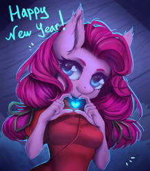 Size: 3500x4000 | Tagged: safe, artist:cosyosy, pinkie pie, earth pony, anthro, g4, alternate hairstyle, cute, diapinkes, ear fluff, female, happy new year, heart, heart eyes, heart hands, high res, holiday, looking at you, mare, nail polish, solo, wingding eyes