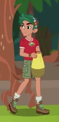 Size: 241x492 | Tagged: safe, screencap, timber spruce, equestria girls, g4, my little pony equestria girls: legend of everfree, bag, boots, camp everfree outfits, cargo shorts, clothes, cropped, legs, male, shoes, shorts, smiling, socks