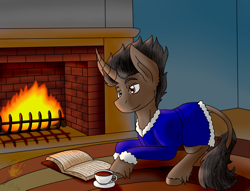 Size: 1400x1071 | Tagged: safe, artist:midnightfire1222, oc, oc only, oc:dark horse, pony, unicorn, book, commission, fire, fireplace, food, reading, relaxing, solo, tea
