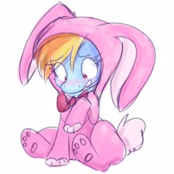 Size: 2167x2160 | Tagged: safe, artist:lbrcloud, rainbow dash, pony, animal costume, blushing, bowtie, bunny costume, clothes, costume, cute, dashabetes, embarrassed, female, footed sleeper, high res, kigurumi, mare, pajamas, paw pads, simple background, sitting, solo, white background