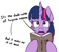 Size: 727x647 | Tagged: safe, artist:litrojia, twilight sparkle, pony, unicorn, g4, 4chan, book, dialogue, drawthread, fanfic, female, funny, funny as hell, looking at you, mare, meme, offended, open mouth, simple background, solo, uneasy, unicorn twilight, white background