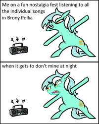 Size: 594x741 | Tagged: safe, artist:jargon scott, edit, lyra heartstrings, pony, unicorn, brony polka, don't mine at night, g4, bipedal, boombox, dancing, descriptive noise, ew gay, female, mare, meme, simple background, solo, white background