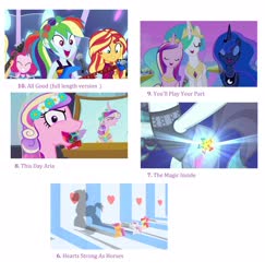 Size: 2896x2976 | Tagged: safe, edit, edited screencap, screencap, apple bloom, coloratura, pinkie pie, princess cadance, princess celestia, princess luna, queen chrysalis, rainbow dash, scootaloo, sunset shimmer, sweetie belle, a canterlot wedding, equestria girls, equestria girls specials, flight to the finish, g4, my little pony equestria girls: better together, my little pony equestria girls: spring breakdown, the mane attraction, twilight's kingdom, all good (song), animation error, bipedal, canterlot castle, collage, cutie mark, cutie mark crusaders, disguise, disguised changeling, fake cadance, glowing cutie mark, hearts as strong as horses, high res, list, rara, shadow, singing, the magic inside, this day aria, top 20 g4 songs, you'll play your part