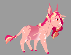 Size: 818x628 | Tagged: safe, artist:phobicalbino, oc, oc only, oc:peachy pink, pony, unicorn, big ears, cloven hooves, colored hooves, curved horn, facial hair, female, goatee, gray background, horn, leonine tail, mare, simple background, solo