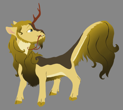 Size: 924x829 | Tagged: safe, artist:phobicalbino, oc, oc only, oc:gold ore, kirin, cloven hooves, female, gray background, kirin oc, looking back, simple background, solo, whiskers