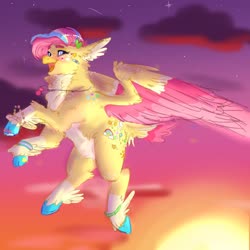 Size: 3900x3900 | Tagged: safe, artist:girlboyburger, oc, oc only, oc:prince taffy, hippogriff, hybrid, beak, colored wings, flying, high res, interspecies offspring, laughing, long eyelashes, magical lesbian spawn, male, multicolored hair, multicolored wings, nagical lesbian spawn, next generation, offspring, open mouth, parent:pinkie pie, parent:princess skystar, parents:skypie, pastel, sky, smiling, solo, sticker, sunset, wings