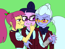 Size: 802x602 | Tagged: safe, artist:dadss_rootbeer, sci-twi, sour sweet, sugarcoat, twilight sparkle, equestria girls, g4, bedroom eyes, clothes, crystal prep academy uniform, female, glasses, green background, holding hands, lesbian, polyamory, school uniform, shadowbolts, shipping, side hug, simple background, sourlight, sugartwi