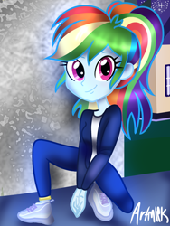 Size: 1536x2048 | Tagged: safe, artist:artmlpk, rainbow dash, equestria girls, g4, alternate hairstyle, building, city, cityscape, clothes, cute, dashabetes, design, female, house, jacket, leather jacket, leggings, looking at you, night, rainbow dash always dresses in style, shoes, sitting, smiling, smiling at you, sneakers, solo, white shirt