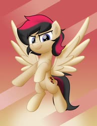 Size: 800x1035 | Tagged: safe, artist:jhayarr23, oc, oc only, oc:porsche speedwings, pegasus, pony, black and red mane, blue eyes, flying, looking at you, pegasus oc, simple background, solo, spread wings, tan coat, vector, wings