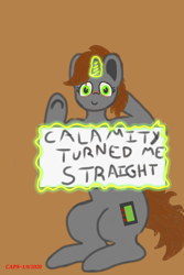 Size: 1000x1500 | Tagged: safe, artist:capslockgotstuck, derpibooru exclusive, oc, oc only, oc:littlepip, pony, unicorn, fallout equestria, blushing, fanfic, fanfic art, female, glowing horn, hetero littlepip, hooves, horn, levitation, magic, mare, ship:piplamity, sign, solo, telekinesis, text