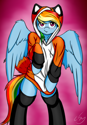 Size: 1446x2062 | Tagged: safe, artist:cluvry, rainbow dash, fox, semi-anthro, g4, animal costume, arm hooves, blushing, clothes, costume, kigurumi, looking at you, simple background, socks, thigh highs
