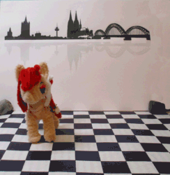 Size: 1036x1060 | Tagged: safe, artist:malte279, oc, oc:colonia, pony, animated, chenille, chenille stems, chenille wire, cologne, craft, gif, mascot, pipe cleaner sculpture, pipe cleaners, rearing, rotating, skyline, stop motion