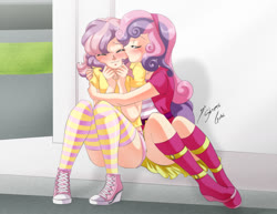 Size: 1280x990 | Tagged: safe, artist:shinta-girl, sweetie belle, oc, oc:golden sheen, equestria girls, g4, blushing, boots, canon x oc, cheek kiss, clothes, converse, couple, crossdressing, eyes closed, female, hug, human coloration, kissing, male, midriff, schrödinger's pantsu, shoes, short shirt, skirt, smiling, socks, straight, strategically covered, thigh highs, thighs, upskirt denied