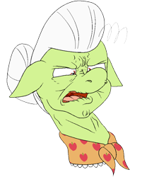 Size: 660x822 | Tagged: safe, artist:bennimarru, granny smith, earth pony, pony, g4, bust, colored, female, flat colors, floppy ears, mare, open mouth, simple background, solo, squint, transparent background