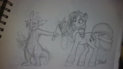 Size: 3264x1836 | Tagged: safe, artist:prismspark, rarity, spike, g4, blushing, bouquet, female, flower, male, ship:sparity, shipping, sketch, straight, traditional art