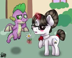 Size: 1600x1280 | Tagged: safe, artist:spokenmind93, raven, spike, dragon, pony, unicorn, g4, blushing, female, flower, glasses, hair bun, interspecies, magic, male, mare, older, older spike, ship:ravenspike, shipping, straight, winged spike, wings
