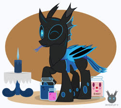 Size: 1435x1287 | Tagged: safe, artist:wheatley r.h., derpibooru exclusive, oc, oc only, oc:w. rhinestone eyes, changeling, honeypot changeling, bat wings, blue changeling, candle, changeling oc, cute, empty jar, folded wings, food, honey, honeypot ants, horn, implied oc, jar, love, ocbetes, one eye closed, raised hoof, simple background, solo, table, tongue out, translated in the comments, vector, watermark, wings, wink
