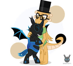 Size: 1385x1257 | Tagged: safe, artist:wheatley r.h., derpibooru exclusive, oc, oc only, oc:myoozik the dragon, oc:w. rhinestone eyes, changeling, dragon, honeypot changeling, bat wings, bipedal, blue changeling, changeling oc, clothes, cutie mark on clothes, folded wings, happy, hat, honeypot ants, horn, hug, simple background, spread wings, top hat, vector, watermark, wings
