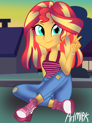 Size: 1536x2048 | Tagged: safe, artist:artmlpk, sunset shimmer, equestria girls, g4, adorable face, adorkable, alternate clothes, alternate hairstyle, boots, clothes, cute, design, dork, female, grass, heeled boots, house, houses, jeans, looking at you, pants, peace sign, ripped jeans, road, shimmerbetes, shirt, shoes, sitting, smiling at you, solo, summer sunset, t-shirt, tomboy, tree
