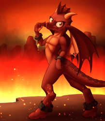 Size: 2600x3000 | Tagged: safe, artist:ohemo, dragon, broken chains, fire, high res, lava, looking at you, shackles, smiling, solo, spread wings, wings