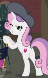 Size: 426x686 | Tagged: safe, screencap, sweetie belle, pony, unicorn, g4, growing up is hard to do, being big is all it takes, bipedal, butt, camera, cropped, female, hat, lidded eyes, looking at you, older, older sweetie belle, plot, solo